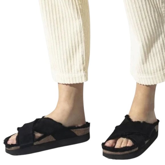 BIRKENSTOCK Papillio Daytona suede shearling sandals black slides Birks 39 8 8.5 - Picture 4 of 11